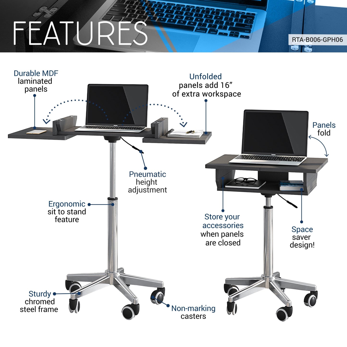 Techni Mobili Adjustable Laptop Cart with Folding Panels, Graphite