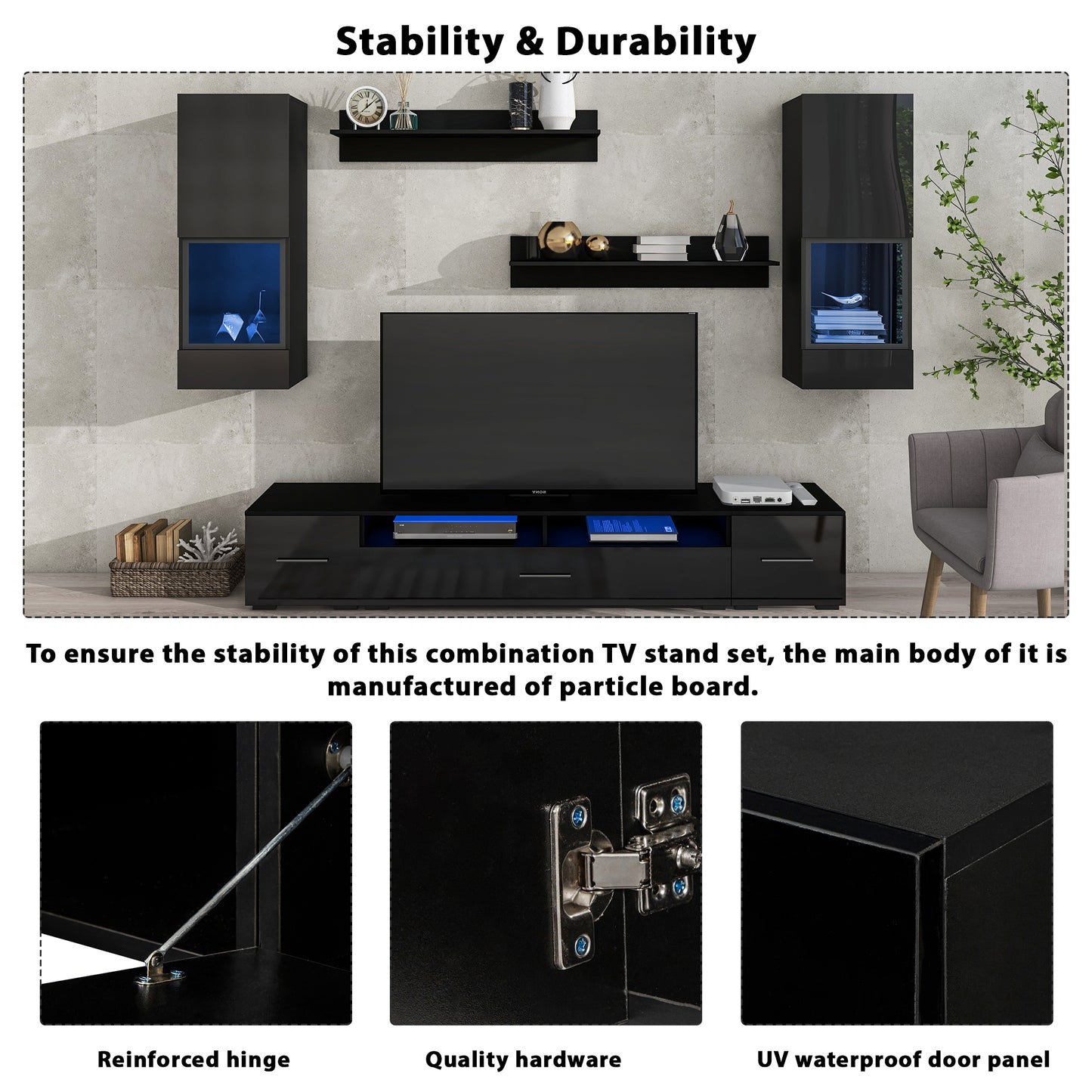 Modernized Black Floating TV Stand Set with 16-Color LED Lights for 90+ inch TV