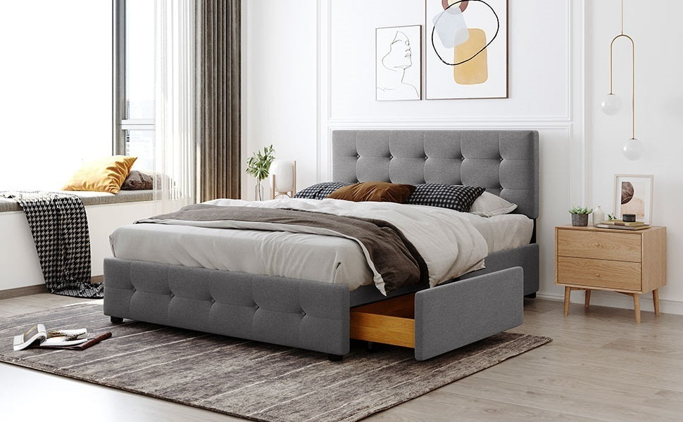 Upholstered Platform Bed with Classic Headboard and 4 Drawers, No Box Spring Needed, Linen Fabric, Queen Size Light Gray