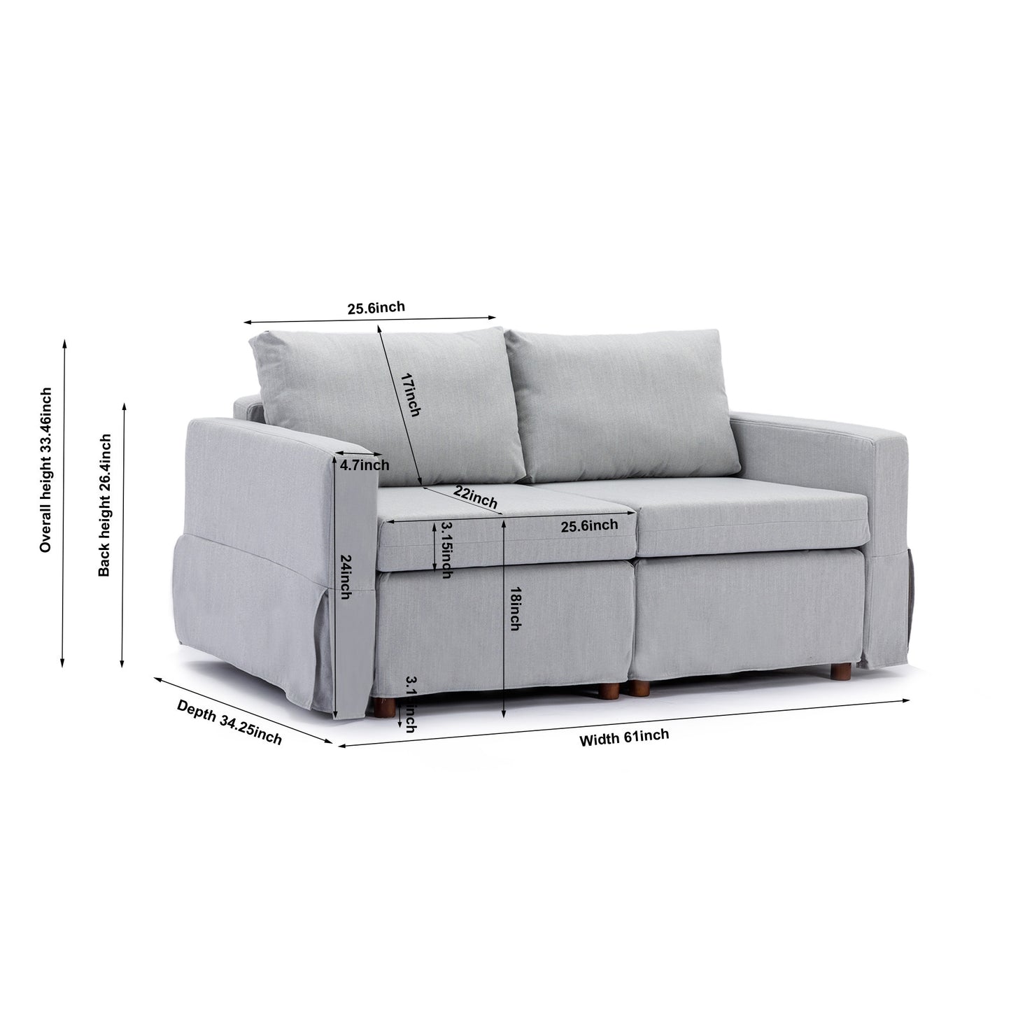 2-Seater Modular Sectional Sofa with Ottoman, Light Grey