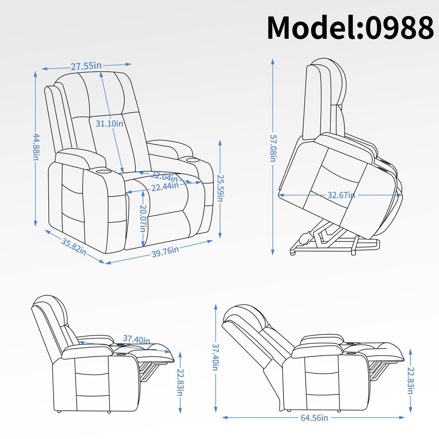 Infinite Position Okin Motor Power Lift Recliner Chair with Massage and Heating - Grey