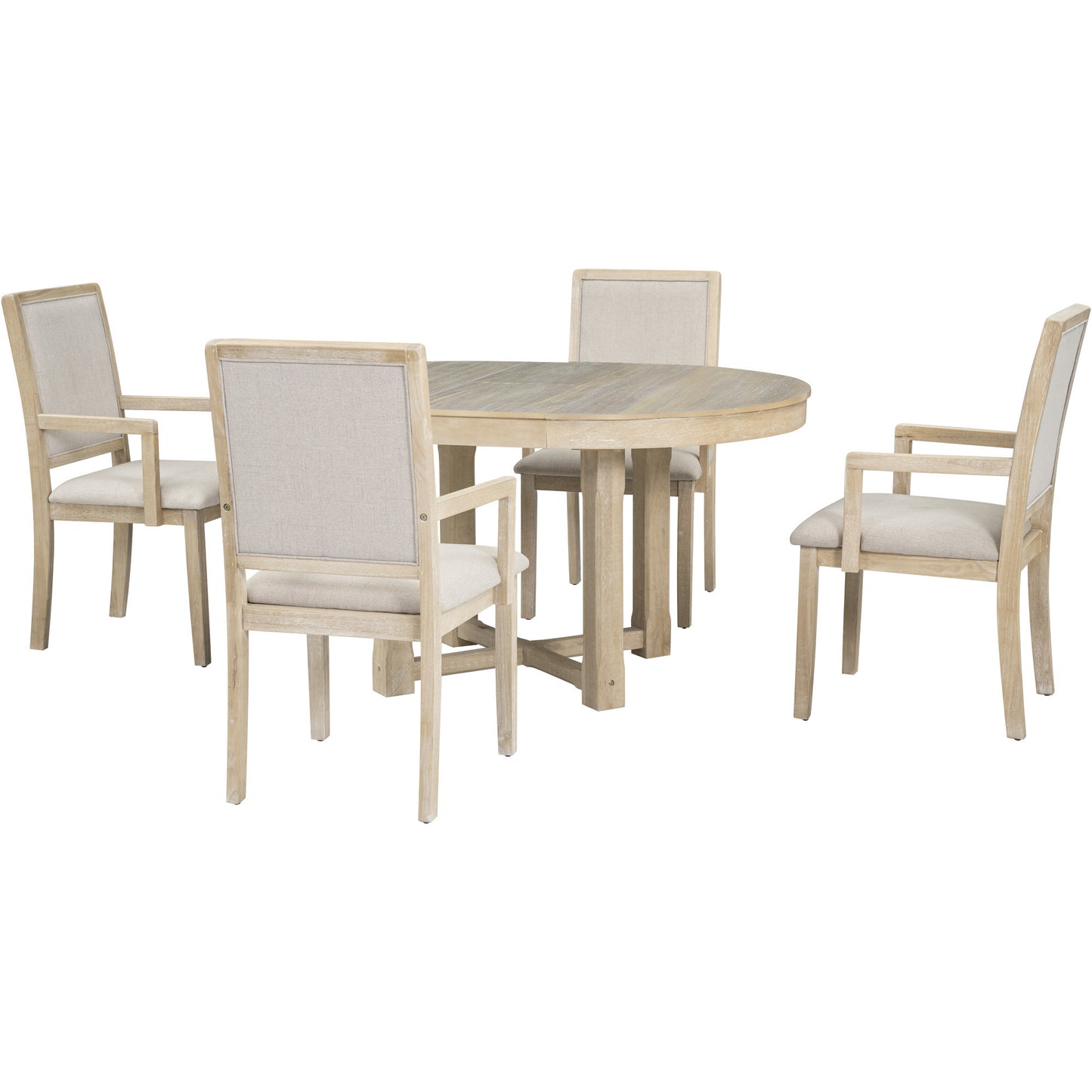 TREXM 5-Piece Dining Table Set, Two-Size Round To Oval Extendable Butterfly Leaf Wood Dining Table and 4 Upholstered Dining Chairs with Armrests (Natural Wood Wash)