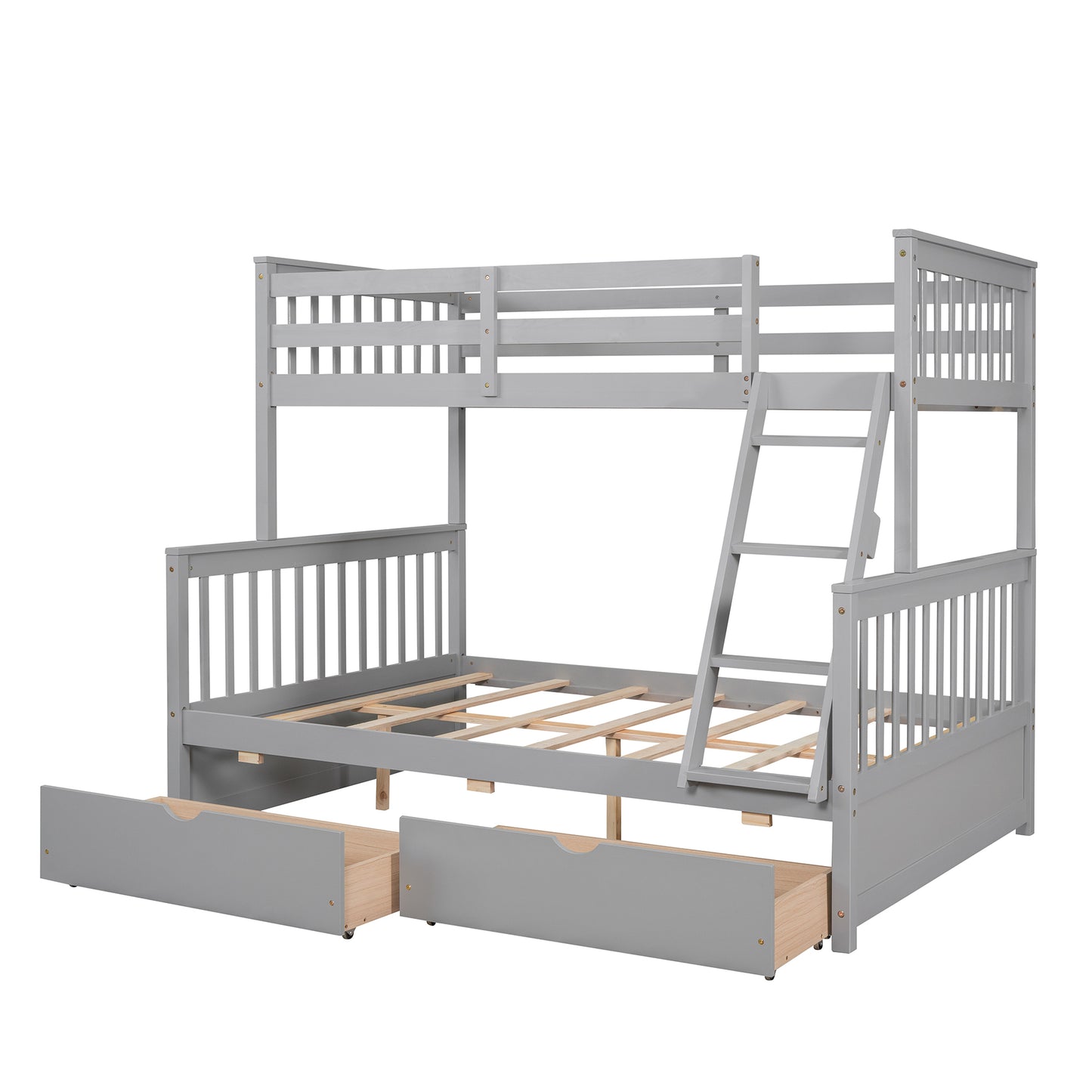 Gray Twin/Full Bunk Bed with Ladders and Storage Drawers