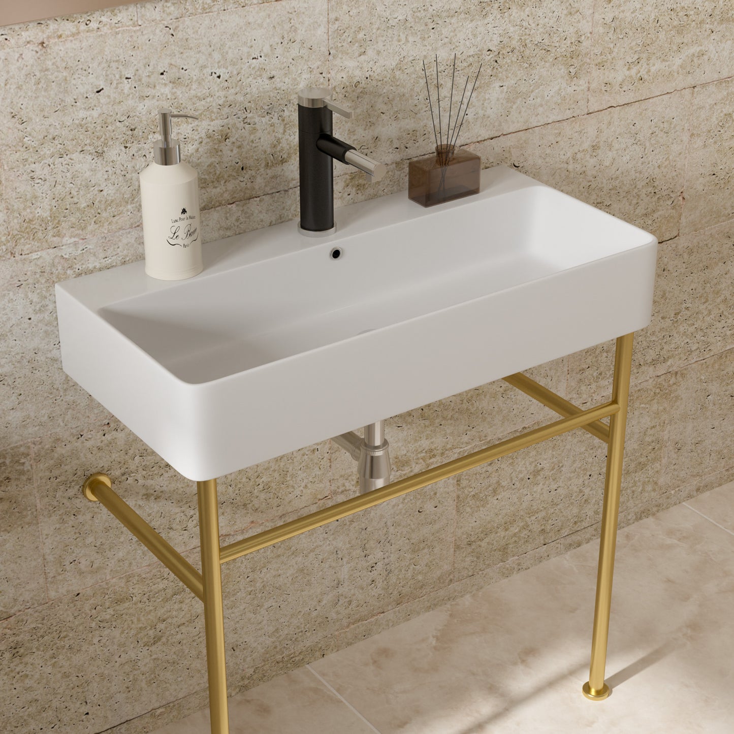 35" Bathroom Console Sink with Overflow,Ceramic Console Sink White Basin Gold Legs