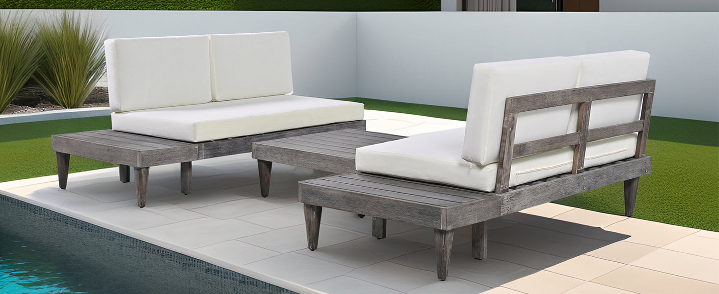 3-Piece Acacia Wood Patio Furniture Set with Conversation Sectional Sofa and Side Tables, Grey+Beige