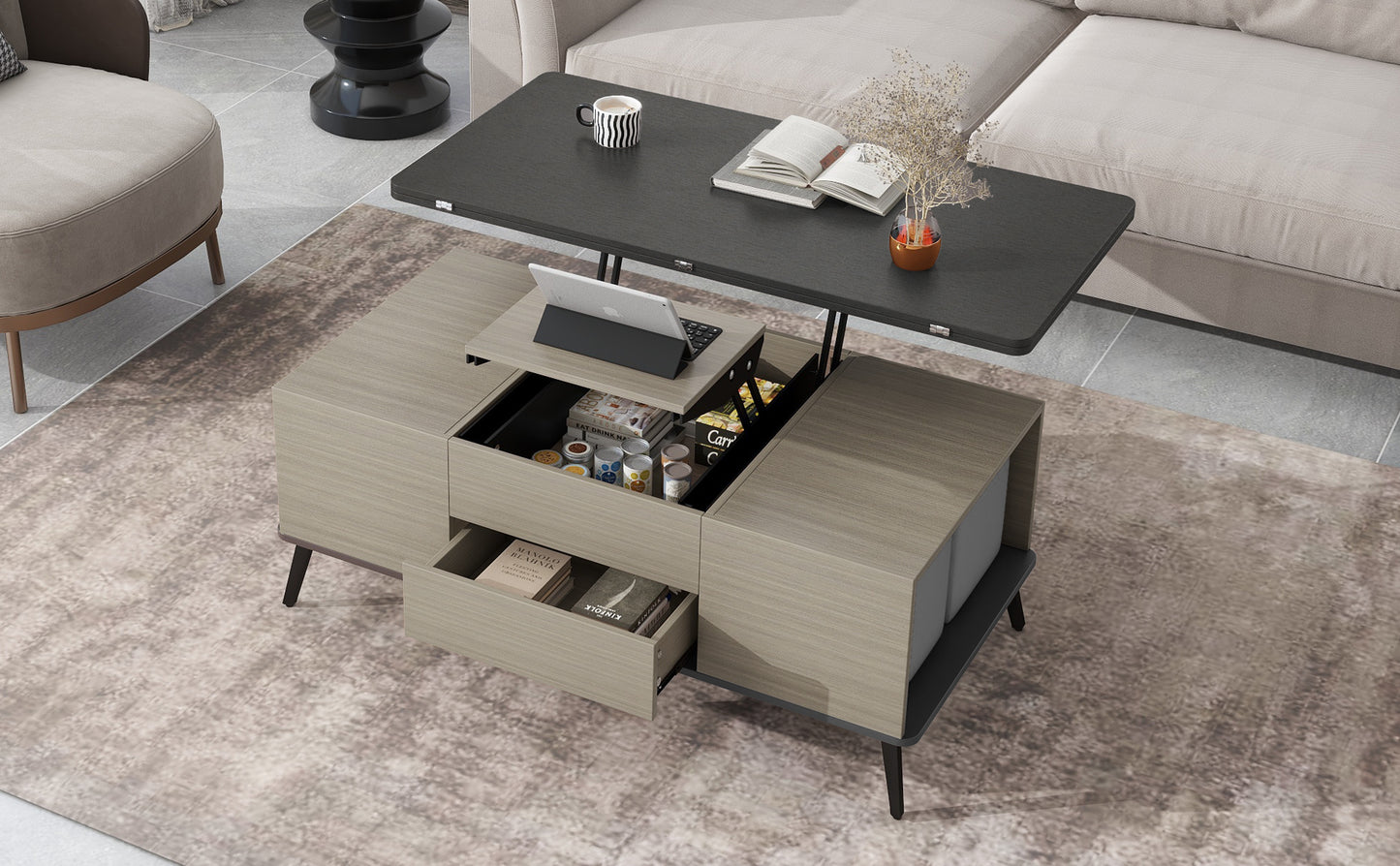 5-Piece Lift Top Coffee Table Set With Convertible Dining Table and Ottomans