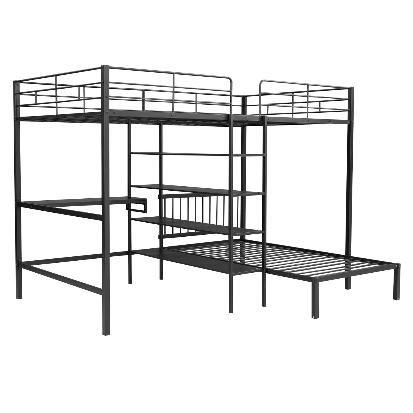 Black Metal Bunk Bed with Desk, Shelves, and Ladder