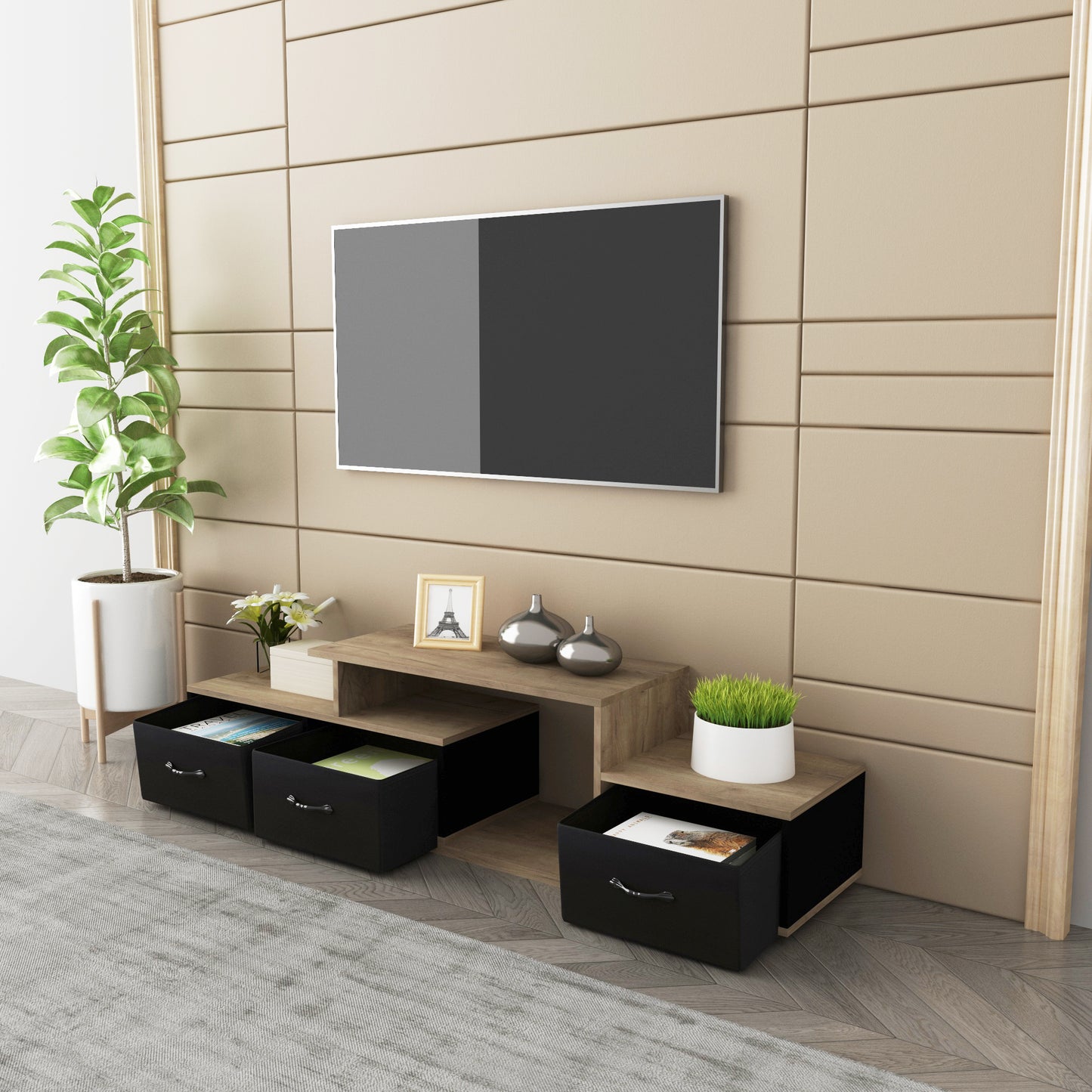 Elegant Light Brown and Black TV Stand with Foldable Fabric Drawer