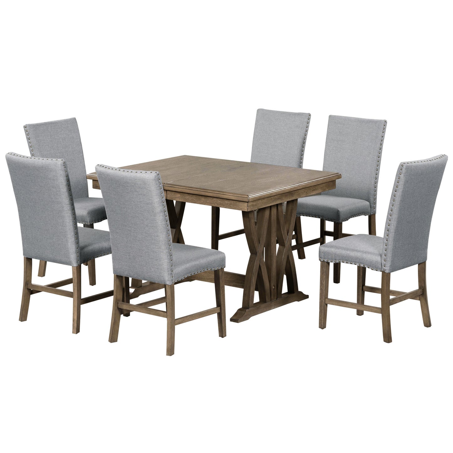 Mid-Century Solid Wood 7-Piece Dining Table Set Extendable Kitchen Table Set with Upholstered Chairs and 12" Leaf for 6, Golden Brown+Gray Cushion