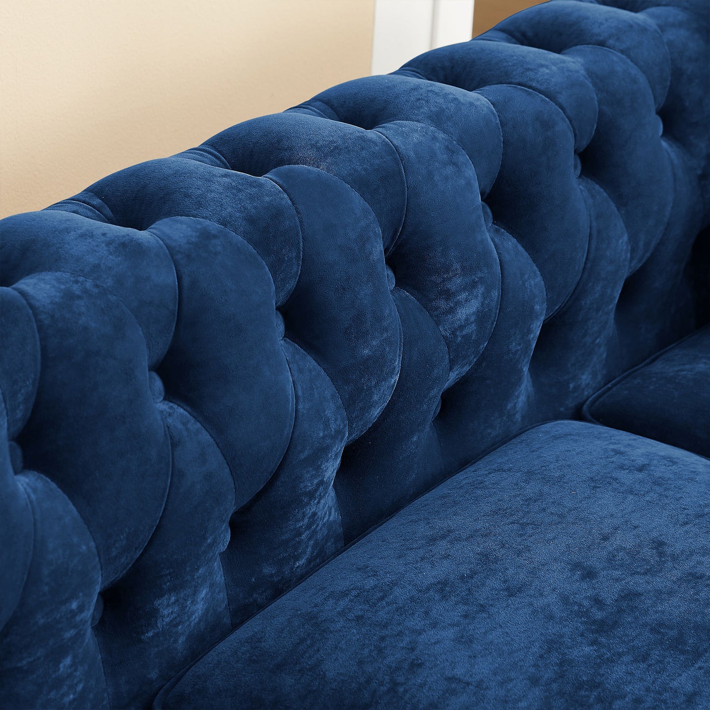 Luxurious Blue Velvet L-shaped Chesterfield Sofa with Deep Button Tufting