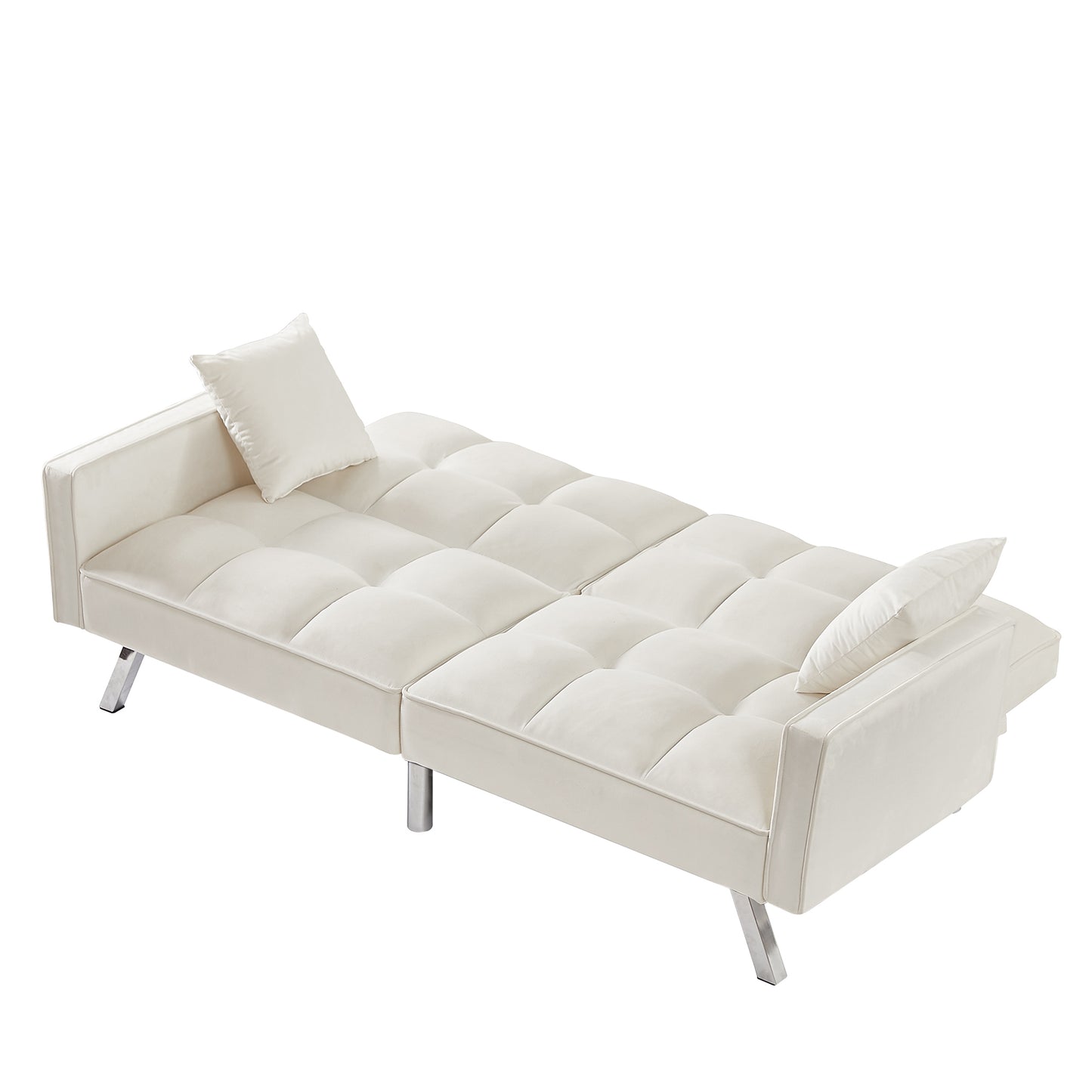 Cream White Velvet Sofa Couch Bed with Armrests and 2 Pillows for Living Room and Bedroom .(White)