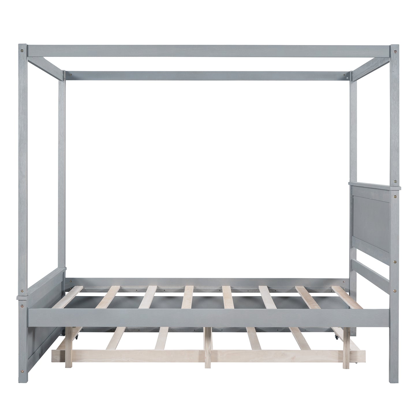 Wood Canopy Bed with Trundle Bed ,Full Size Canopy Platform bed With  Support Slats .No Box Spring Needed, Brushed Gray