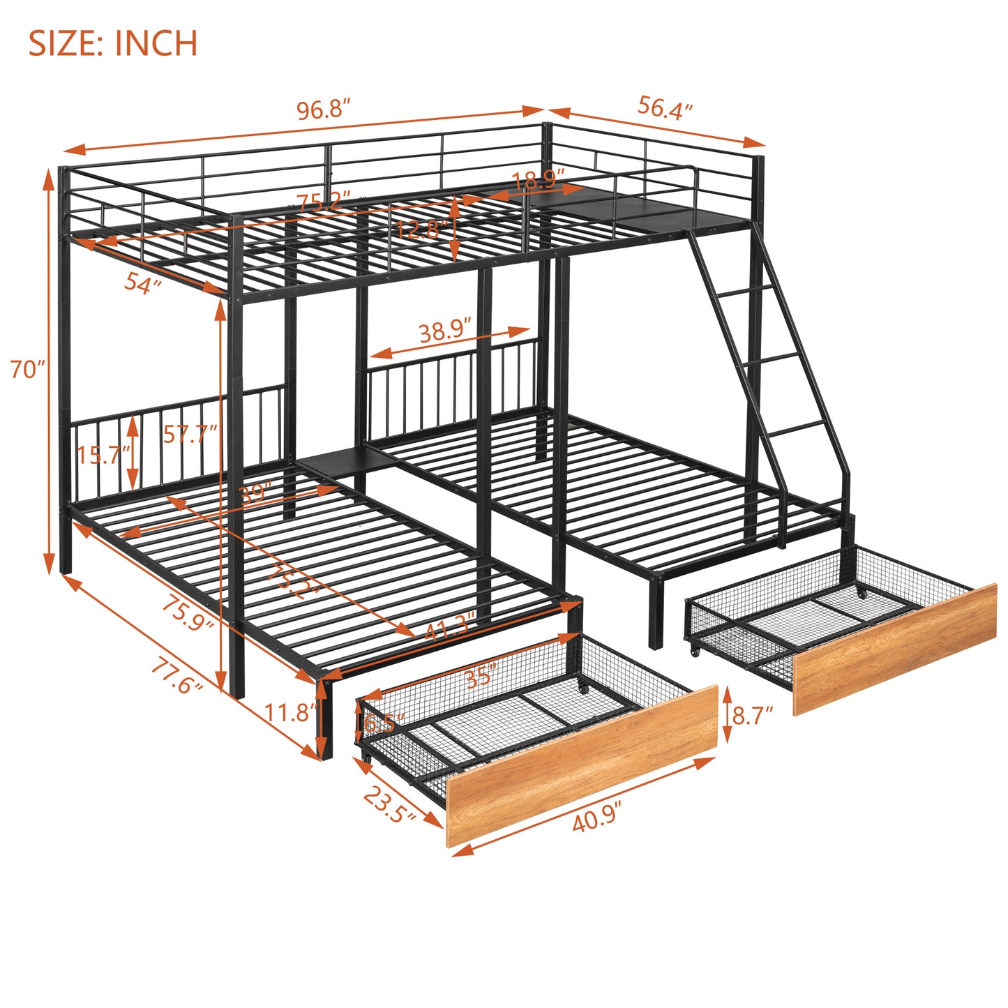 Black Metal Triple Bunk Bed with Storage and Safety Features - Space-Saving Full over Twin & Twin Bunk Bed