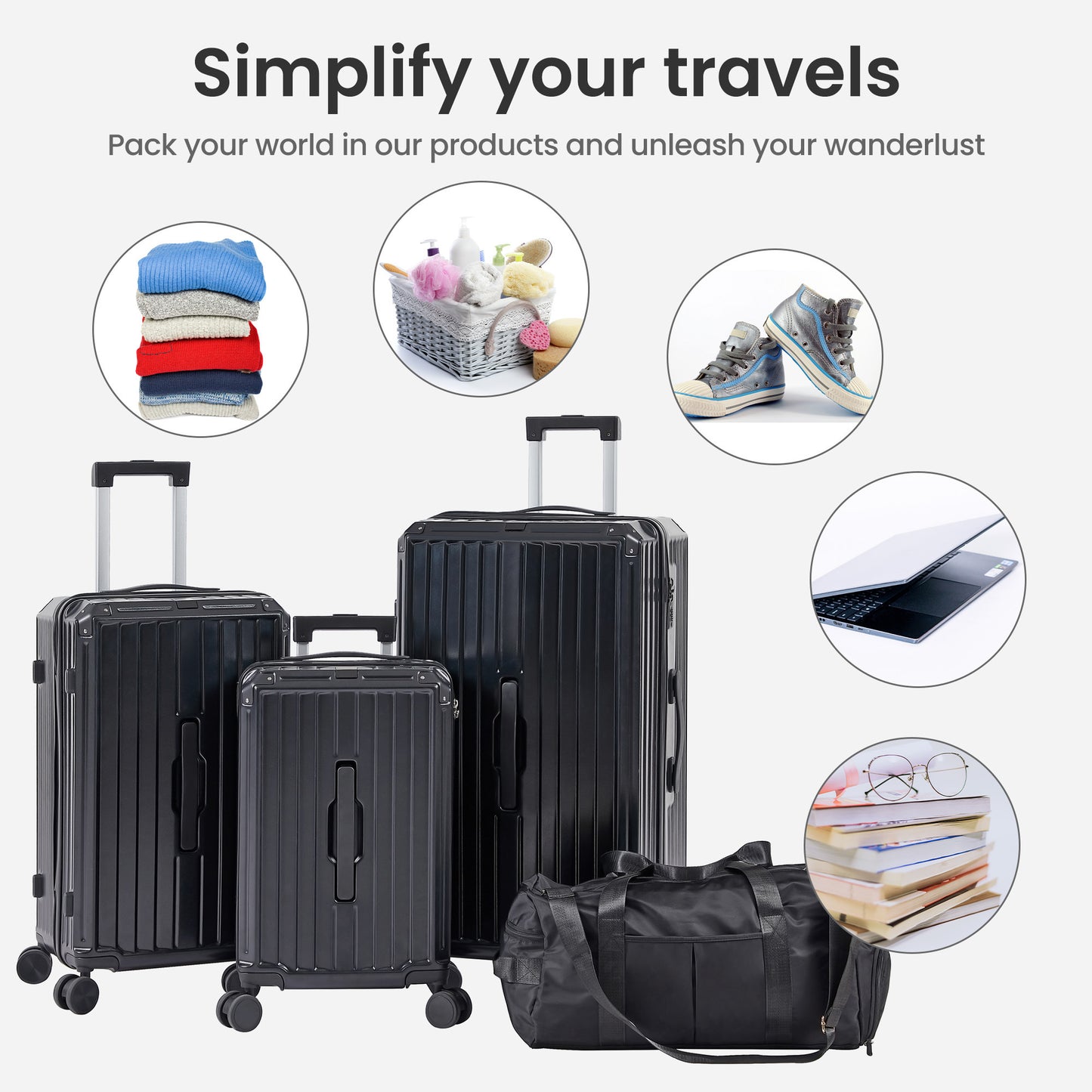 Luggage Set 4 pcs (20"/24"/29"/Travel Bag), PC+ABS Durable Lightweight Luggage with Collapsible Cup Holder, 360° Silent Spinner Wheels, TSA Lock, Black