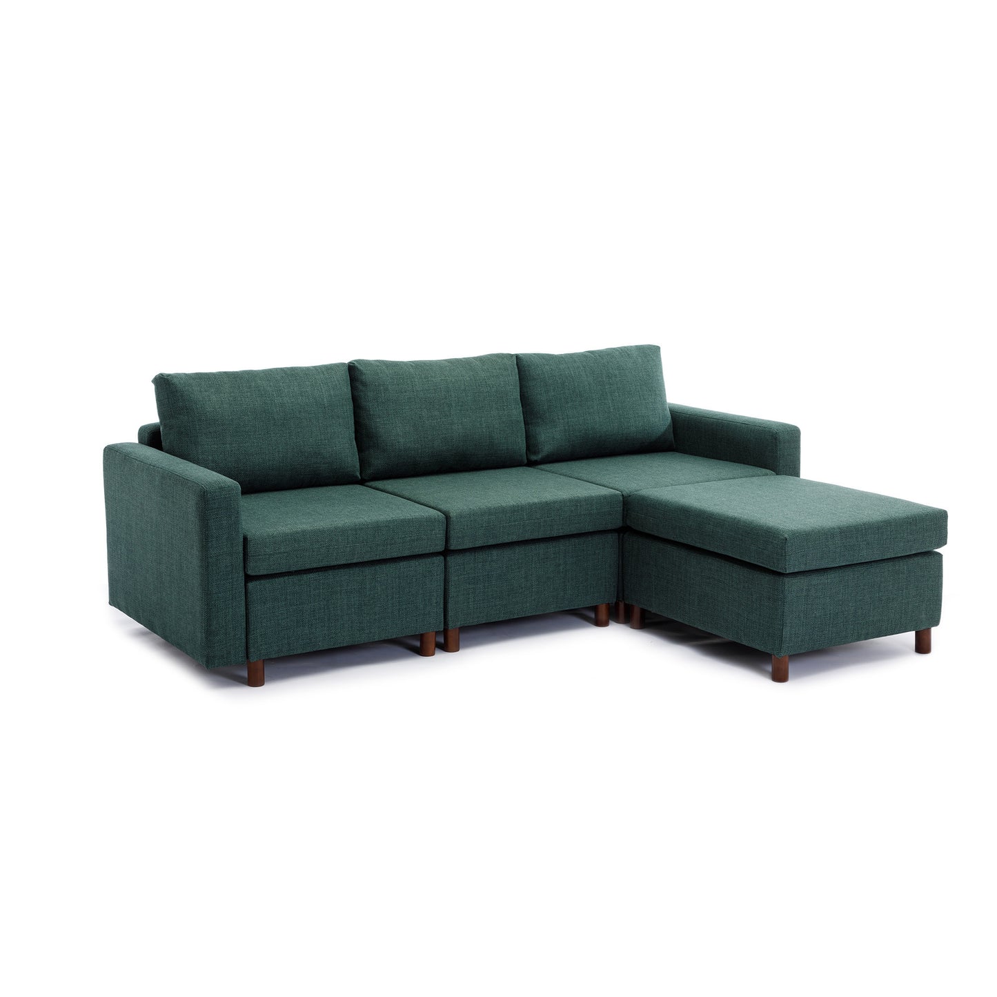 3-Seat Green Linen Sectional Sofa Set with Ottoman