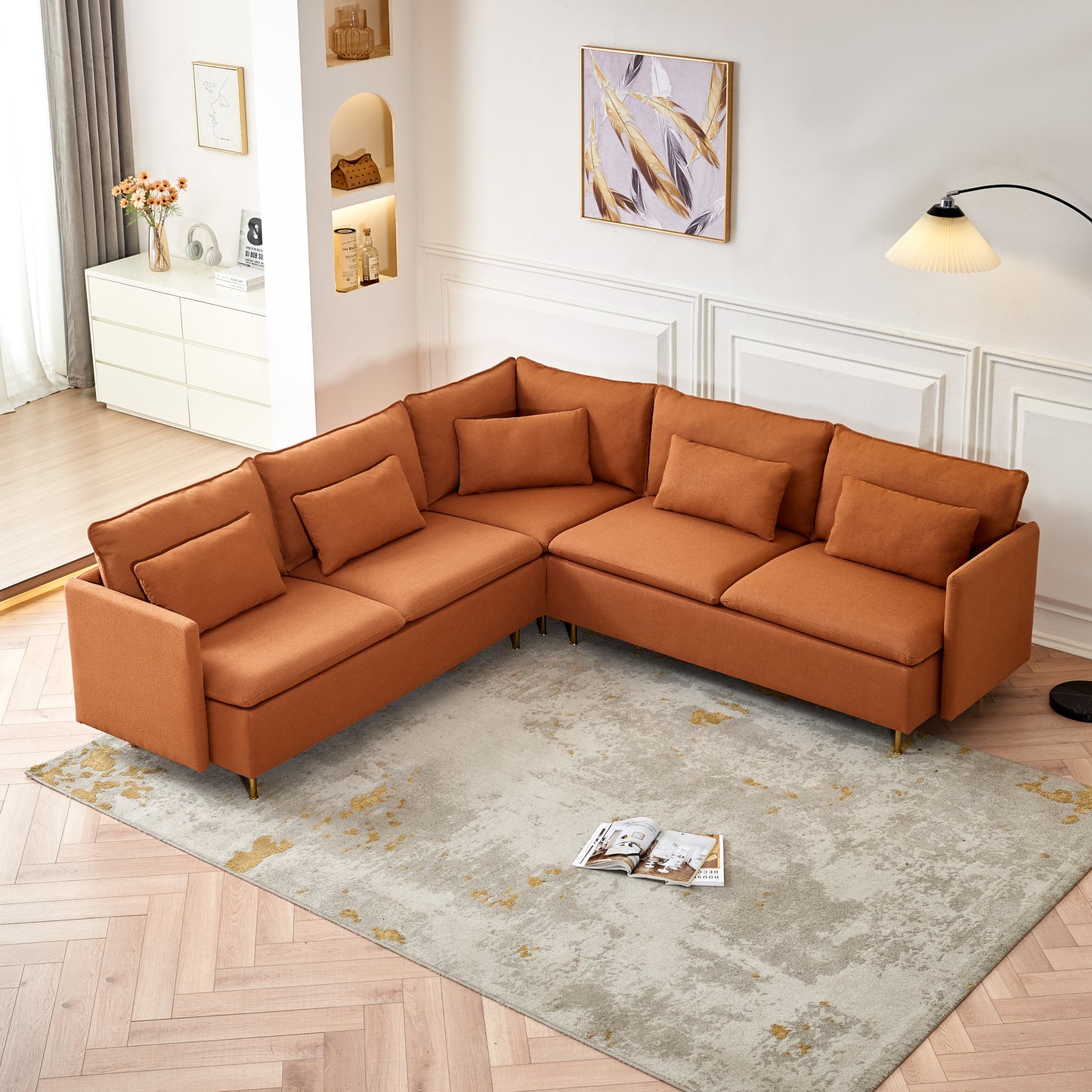 Modern Orange L-Shaped Sectional Sofa with Support Pillows