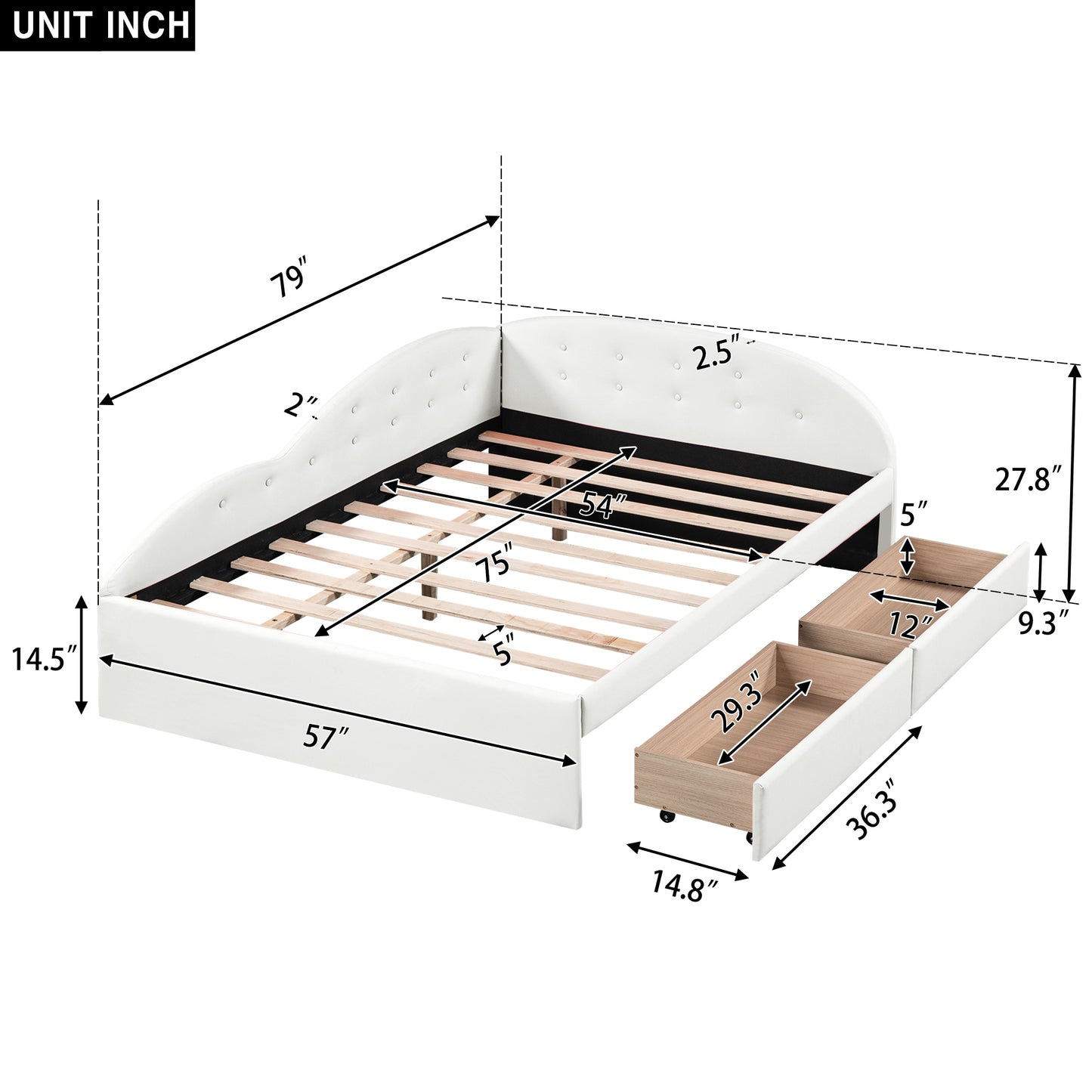 Full Size PU Upholstered Tufted Daybed with Two Drawers and Cloud Shaped Guardrail, White