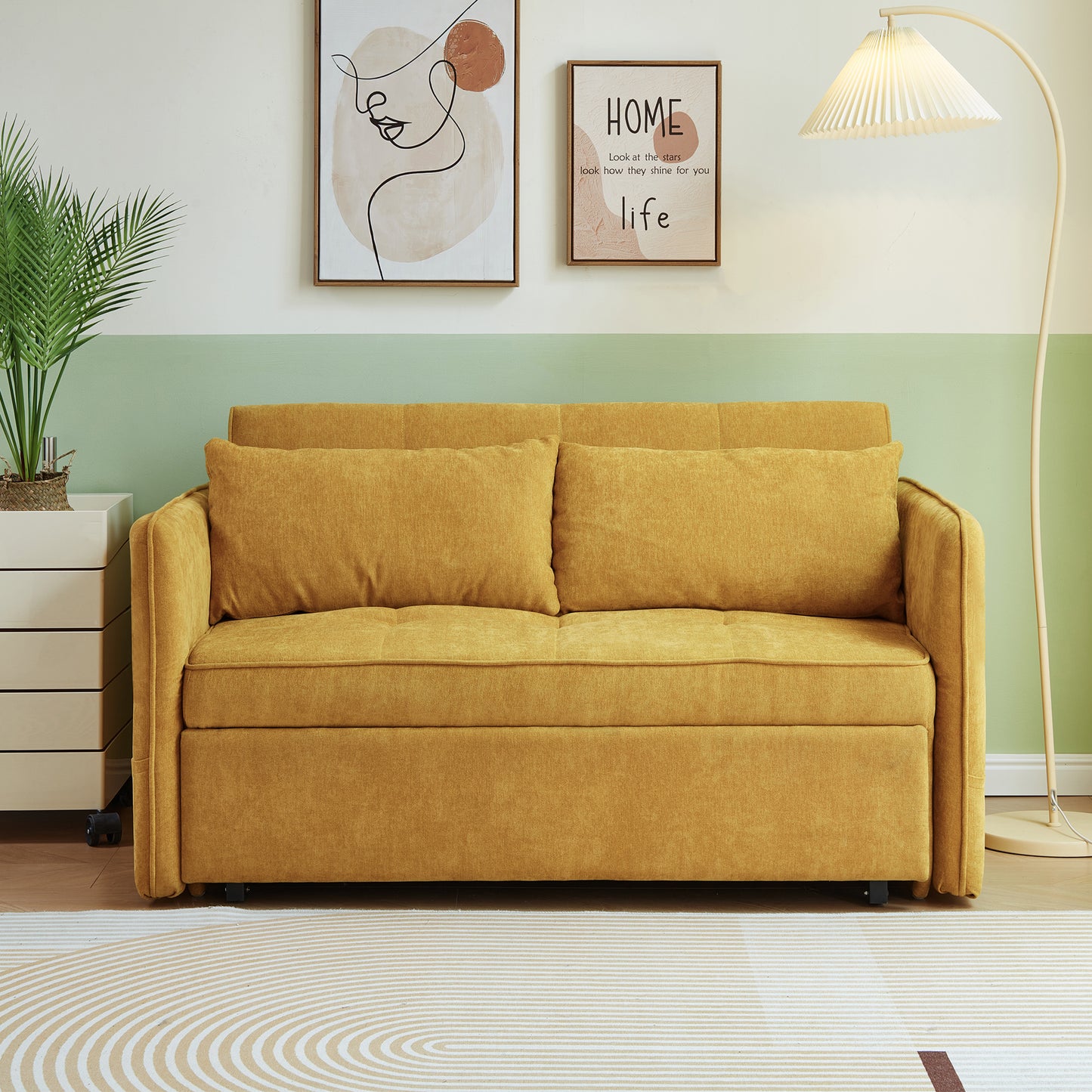 Chenille fabric pull-out sofa bed,sleeper loveseat couch with adjustable armrests-Yellow