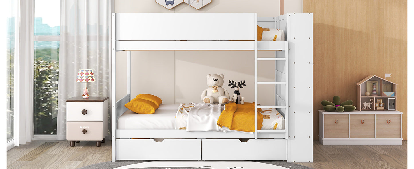 White Full over Full Bunk Bed with Bonus Storage and Multi-layer Cabinet