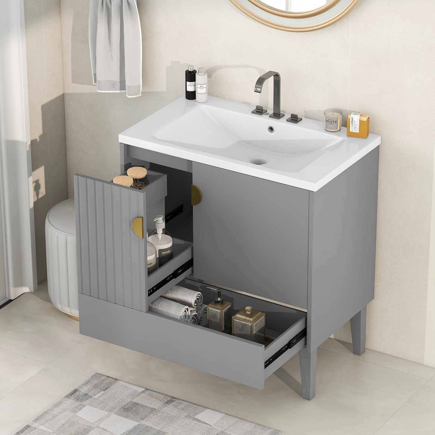 30" Bathroom Vanity with Sink Combo, Bathroom Cabinet with Door and Drawers, Solid Frame and MDF Board, Grey