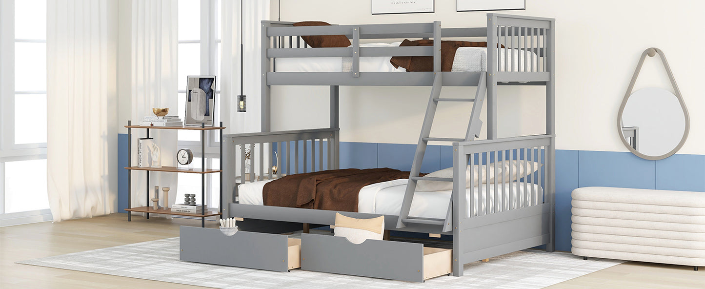 Gray Twin/Full Bunk Bed with Ladders and Storage Drawers