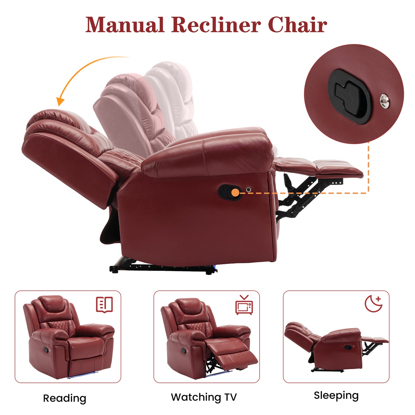 Luxurious LED-Lit Red Leather Manual Recliner Chair for Home Theater