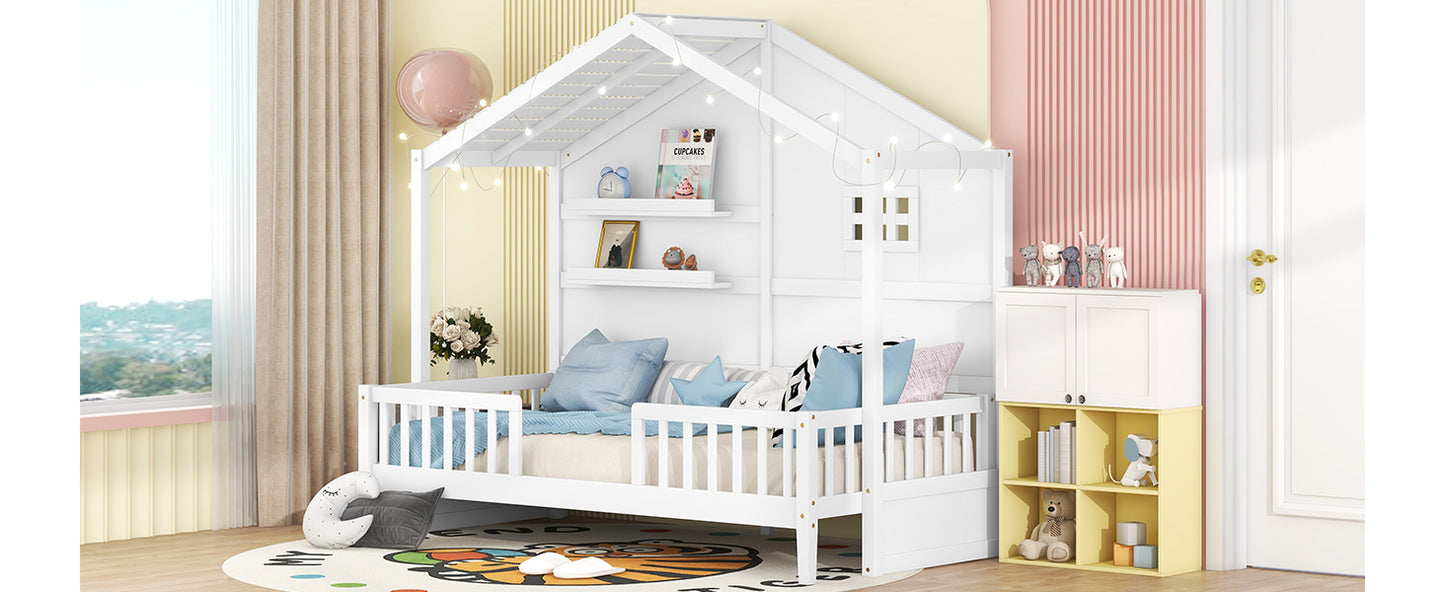 Twin Size House Bed with Shelves, House Bed with Window and  Sparkling Light Strip on the Roof, White