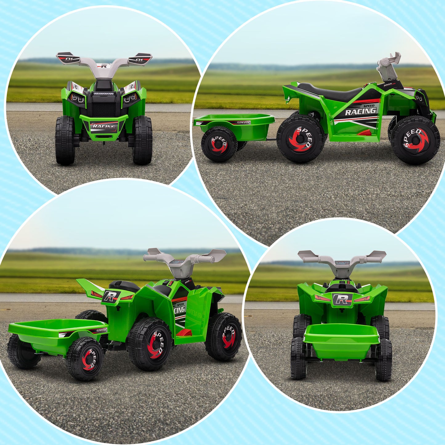 Electric Kids ATV Quad Car with Trailer, 6V Electric Car for Toddlers, Green