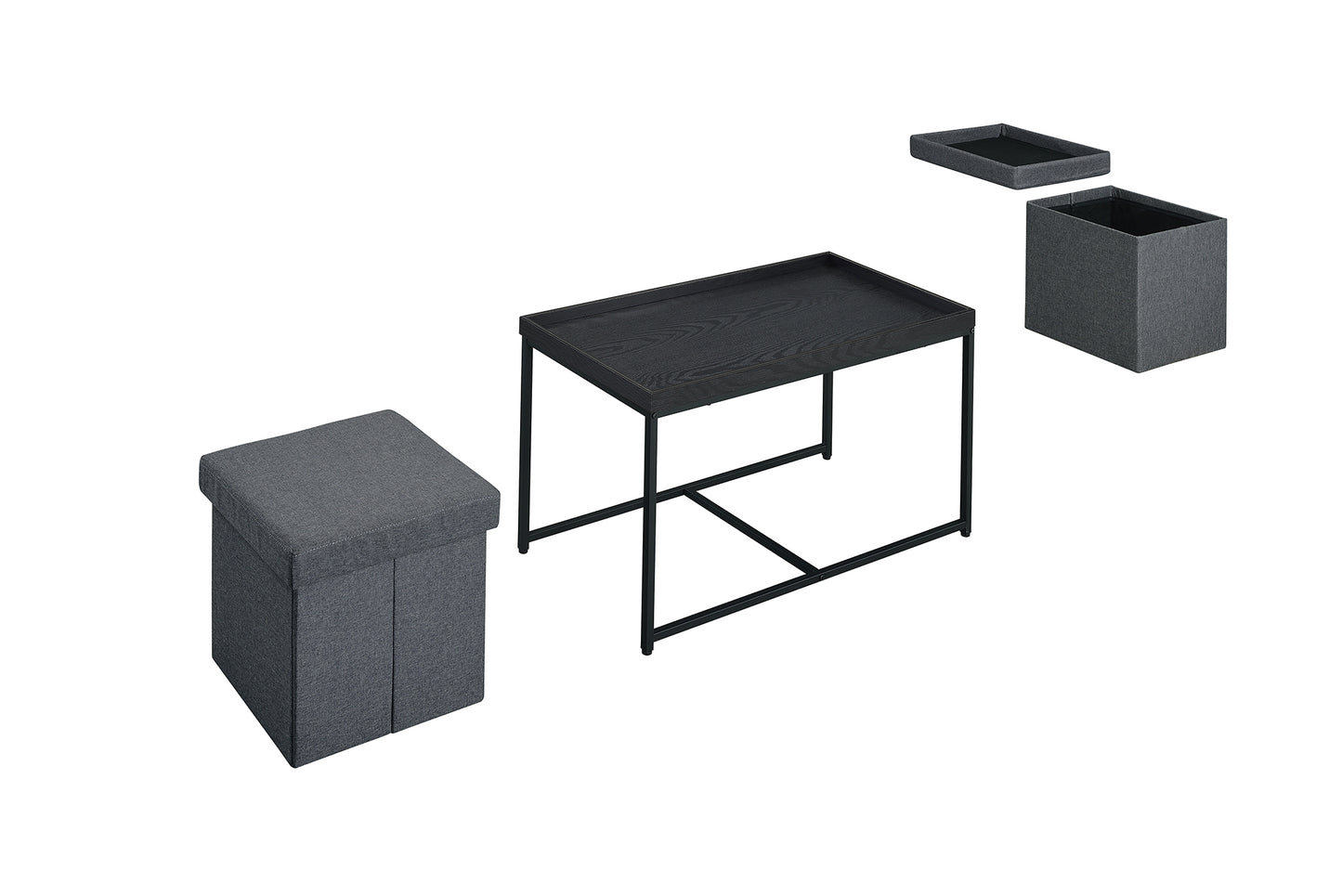 Monty Black Wooden Finish Coffee Table Set with Storage Ottoman