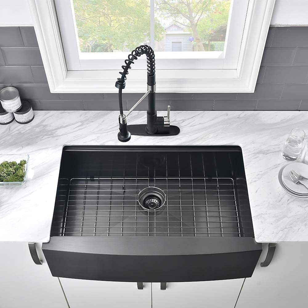 Matte Black Stainless Steel Farmhouse Kitchen Sink with Workstation Design and Accessory Kit