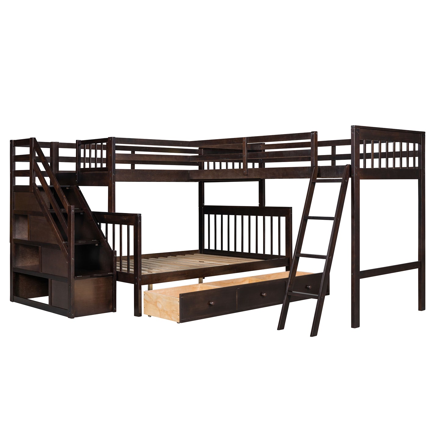 Espresso Twin over Full Bunk Bed with 3 Storage Drawers, Ladder, and Staircase