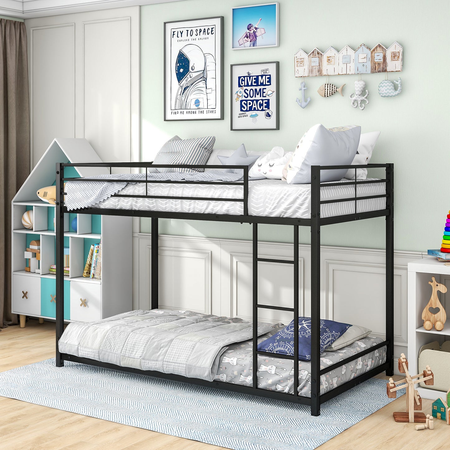 Black Finish Metal Twin Over Twin Bunk Bed with Safety Guard Rails