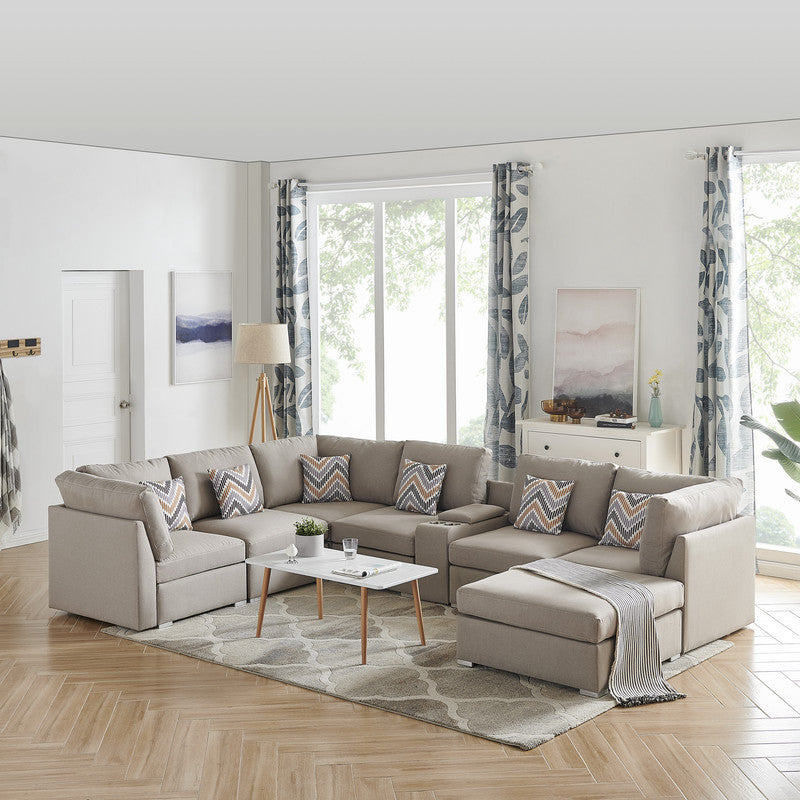 Amira Beige Fabric Modular Sectional Sofa with USB Console, Ottoman, and Versatile Configurations