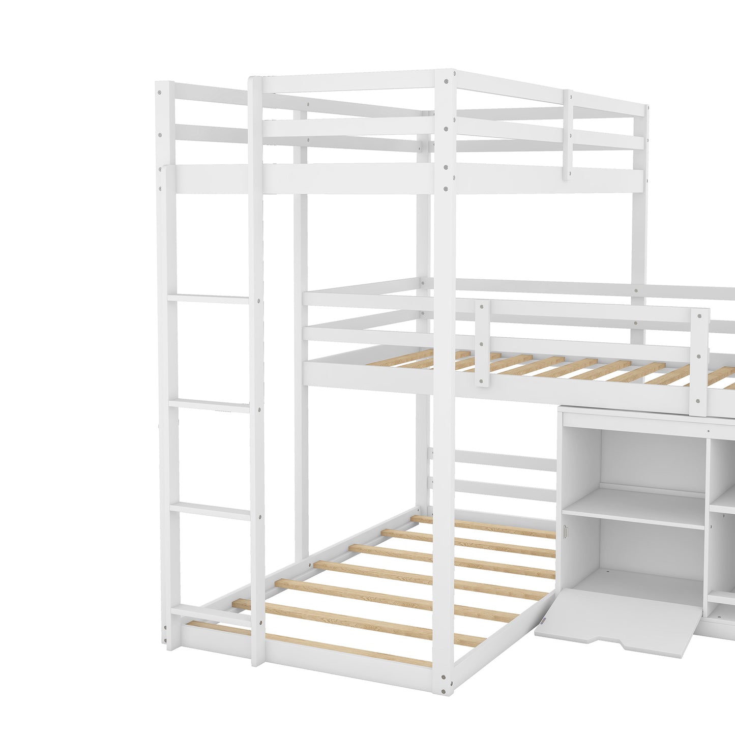 L-Shaped Triple Bunk Bed with Storage Cabinet, Blackboard, and White Finish - Innovative Space-Saving Solution