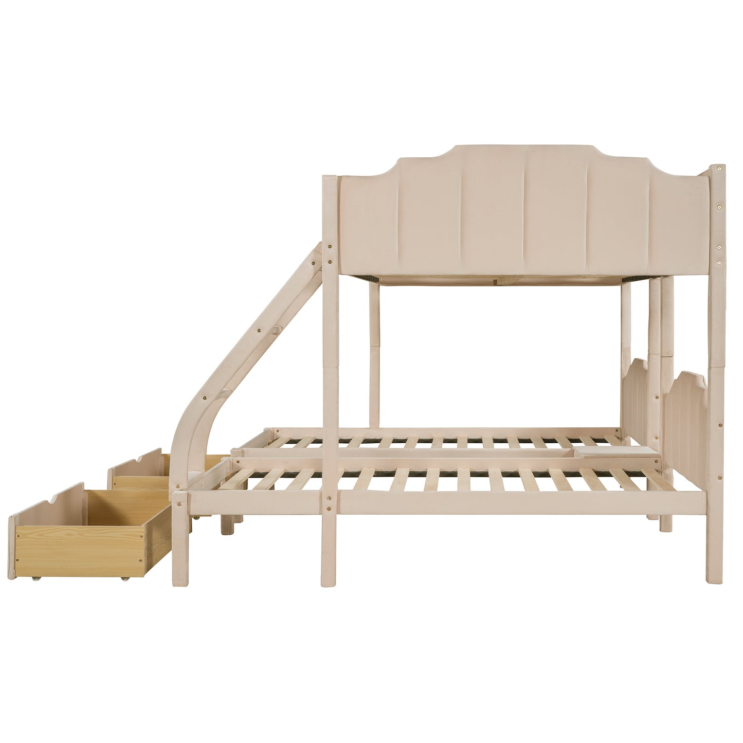 Triple Bunk Bed with Full Lower Bed, Twin Upper Bed, Velvet Finish, Beige - Space-Saving Triple Bed with Full, Twin, and Velvet Touch