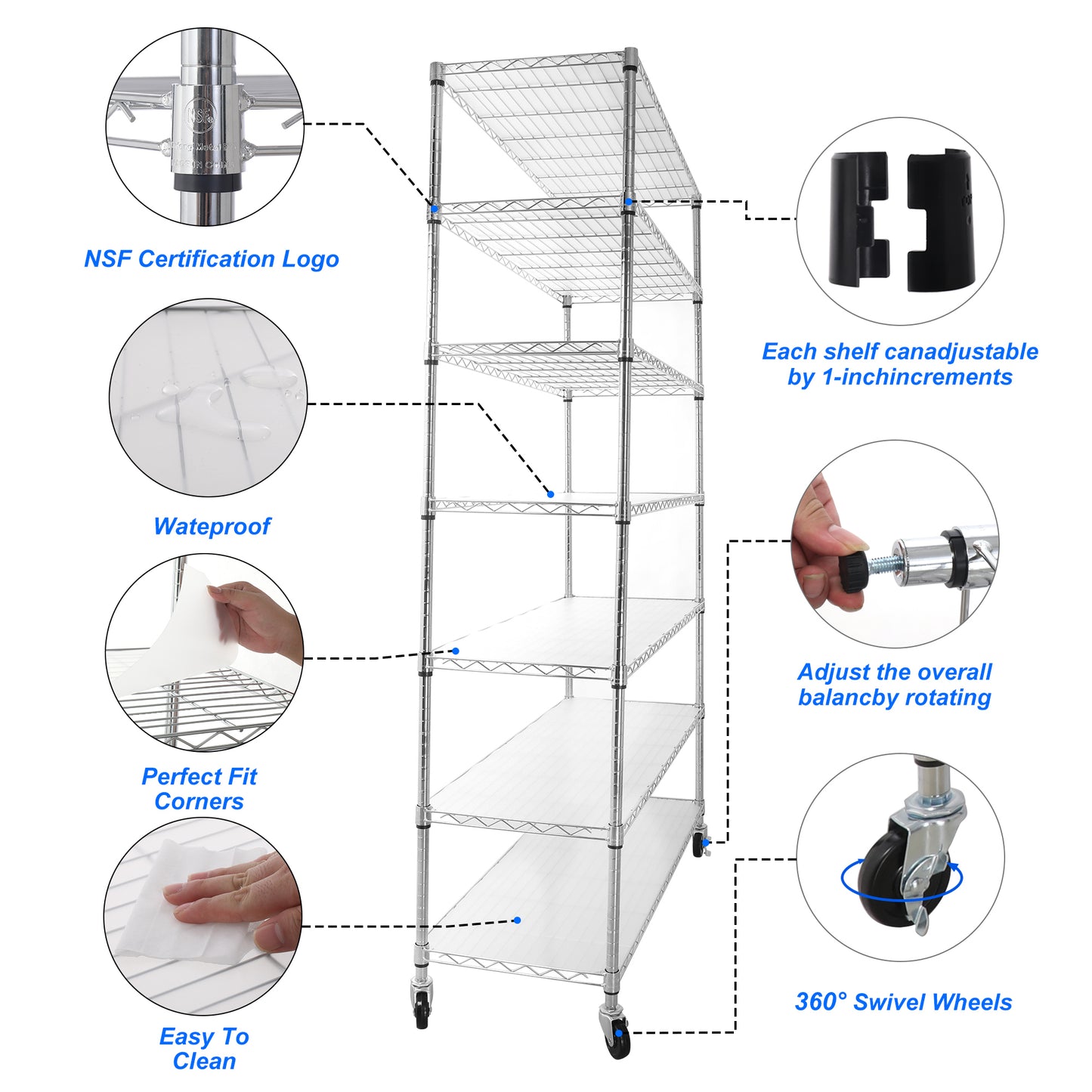 7 Tier Wire Shelving Unit, 2450 LBS NSF Height Adjustable Metal Garage Storage Shelves with Wheels, Heavy Duty Storage Wire Rack Metal Shelves - Chrome