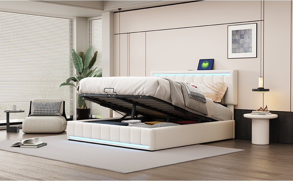 Queen Size Upholstered Platform Bed with Hydraulic Storage System, LED Light, and a set of USB Ports and Sockets, Linen Fabric, Beige