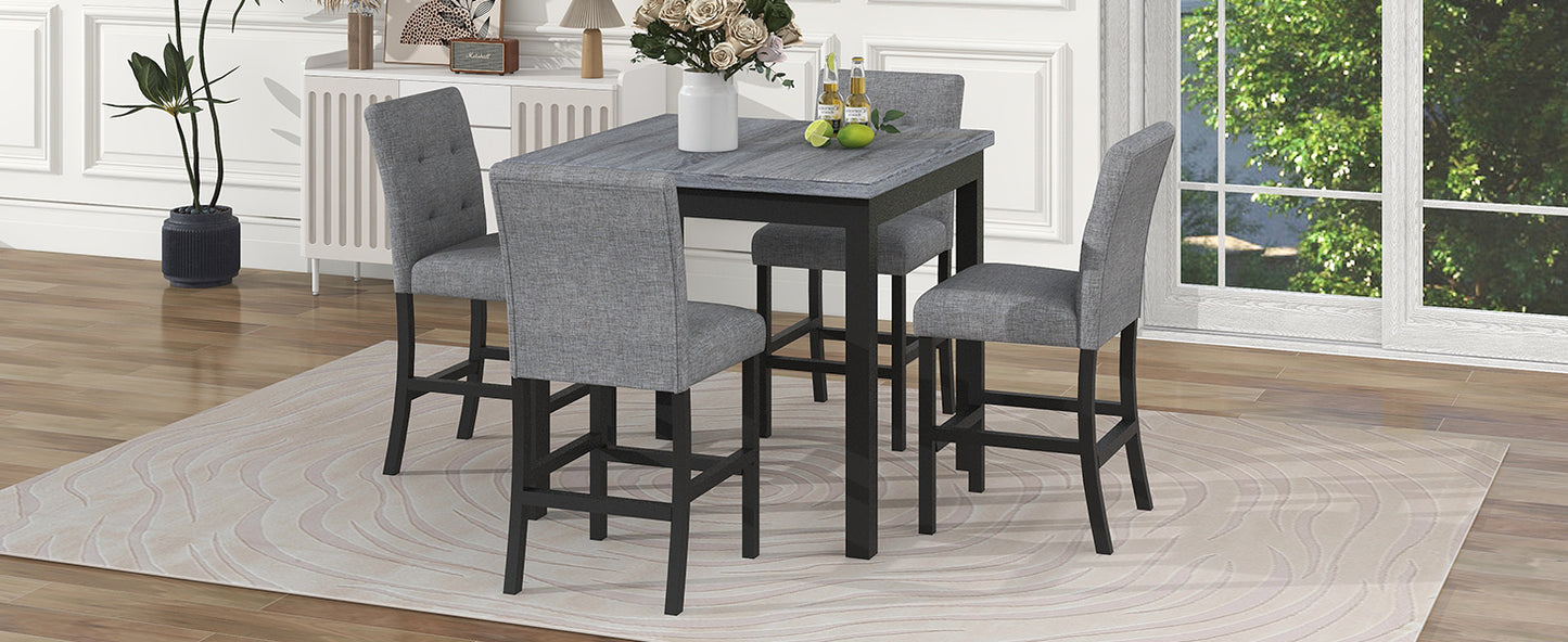 5-Piece Counter Height Dining Set Wood Square Dining Room Table and Chairs Stools w/Footrest & 4 Upholstered high-back Chairs,Black