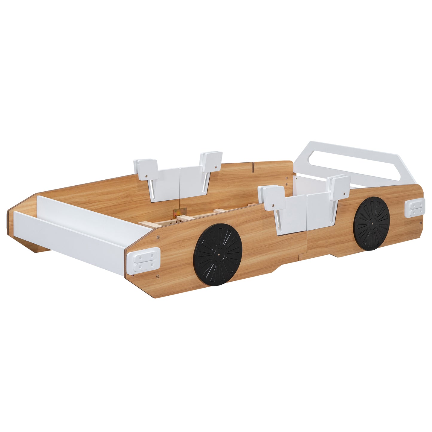 Wood Twin Size Racing Car Bed with Door Design and Storage, Natural+White+Black