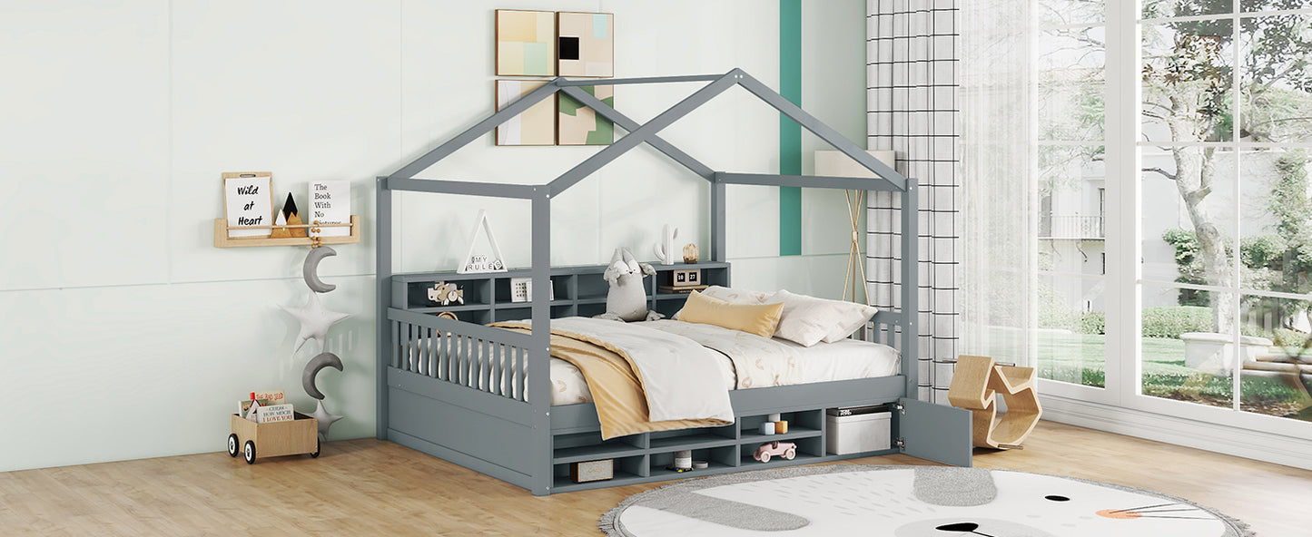 Full Size Wooden House Bed with Shelves and a Mini-cabinet, Gray