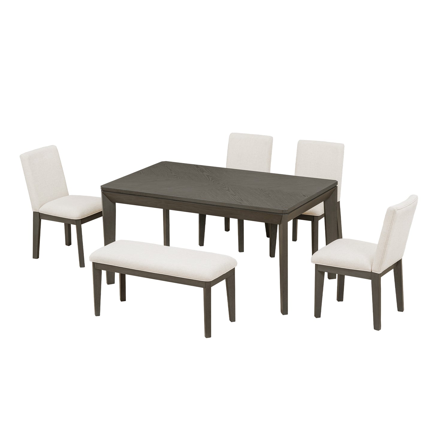 6-Piece Dining Table Set with Upholstered Dining Chairs and Bench,Farmhouse Style, Tapered Legs, Dark Gray+Beige