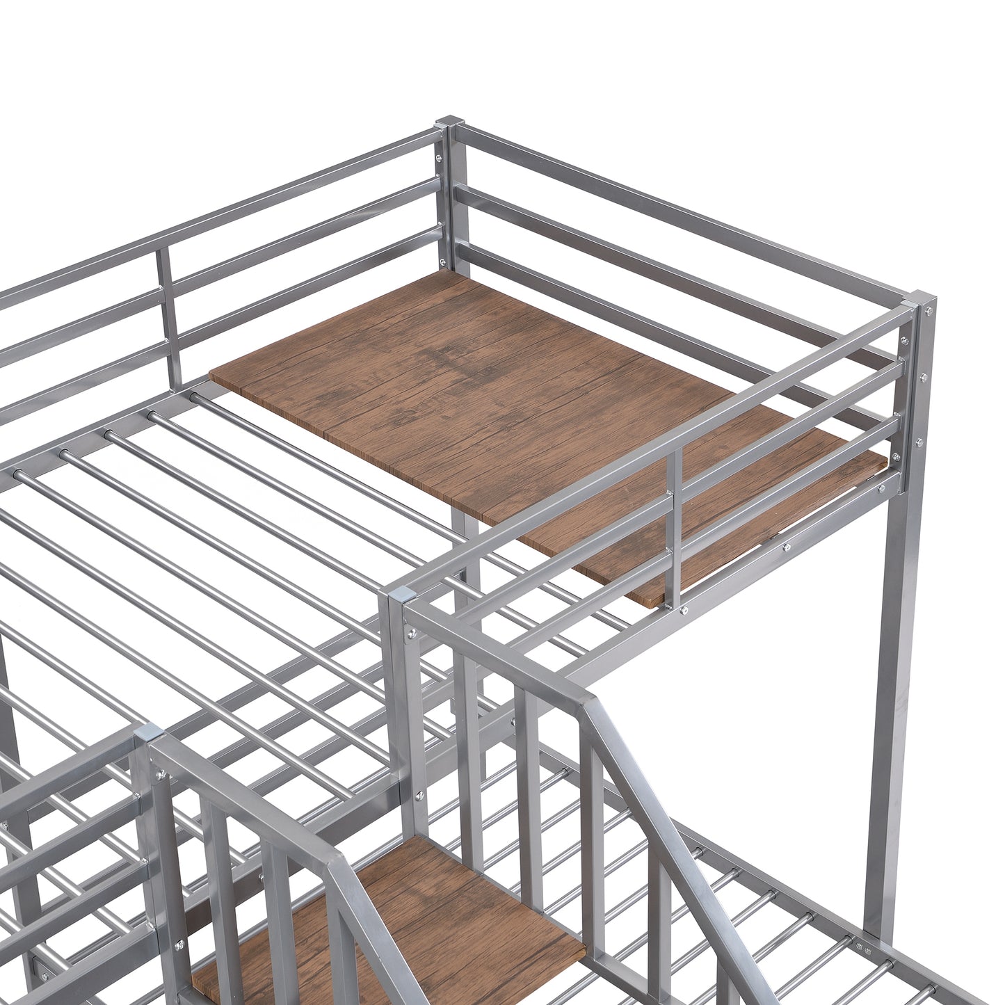 Three-Tiered Metal Bunk Bed with Storage and Staircase, Silver Twin over Twin