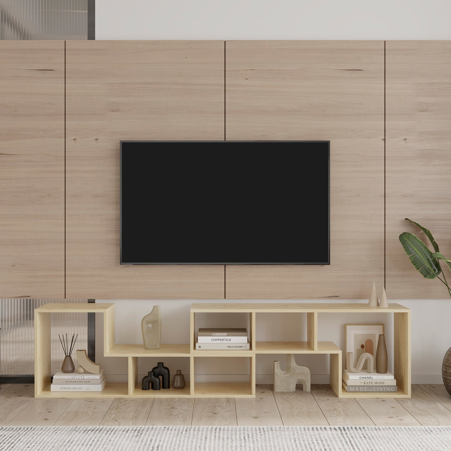 Oak Double L-Shaped TV Stand and Bookcase with Display Shelf