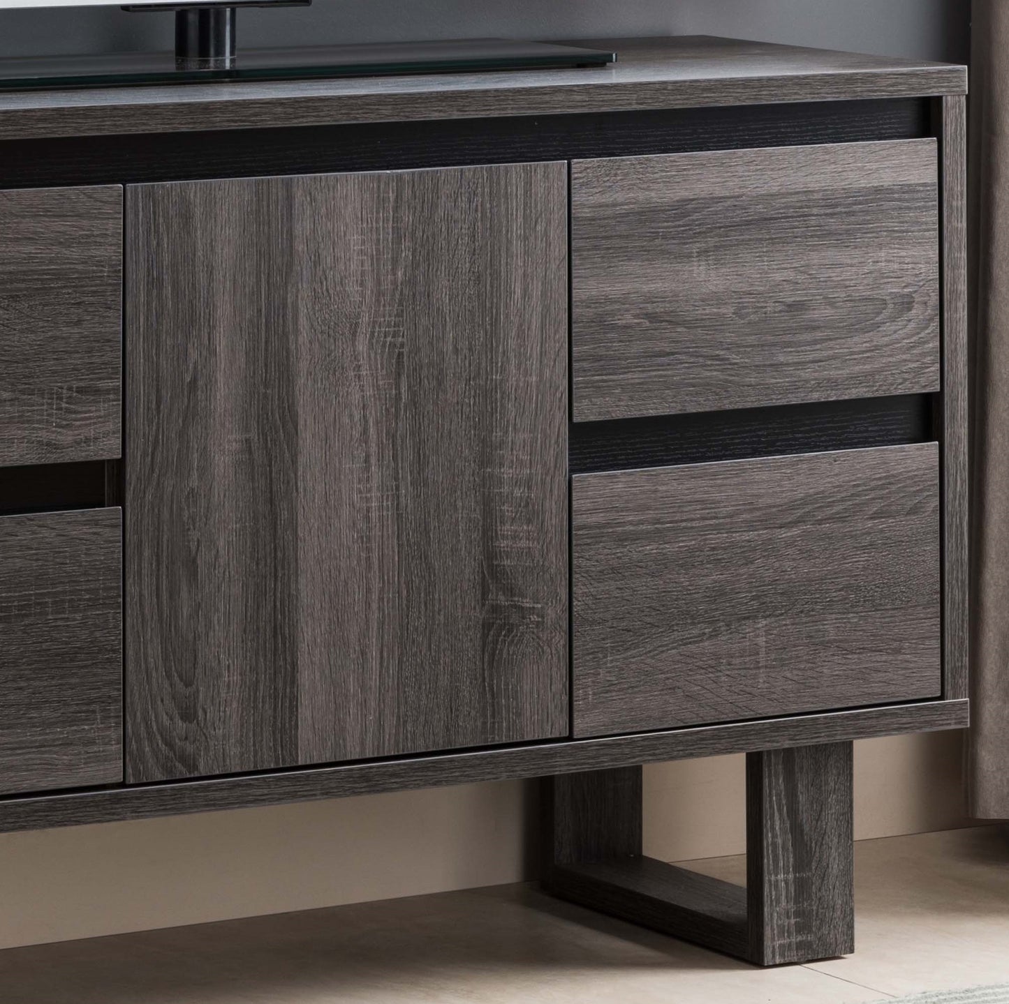 Rustic Grey and Black TV Stand with Spacious Storage