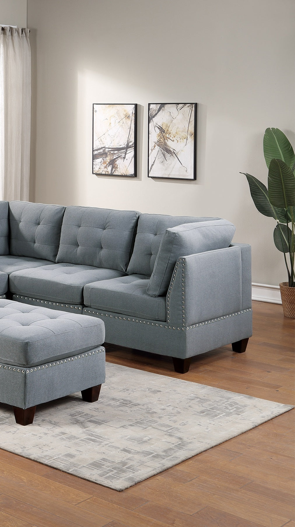 Elegant Gray Linen Modular Sectional Living Room Set with Tufted Nail Heads