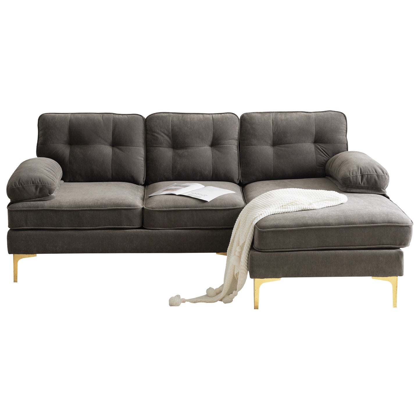 Luxurious Brown Velvet L-Shaped Modern Sectional Sofa for Living Room or Bedroom