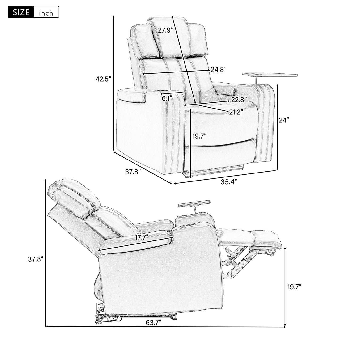 Blue Leather Power Recliner with Cooling Cup Holder, Bluetooth Speaker, and 360° Swivel Tray Table