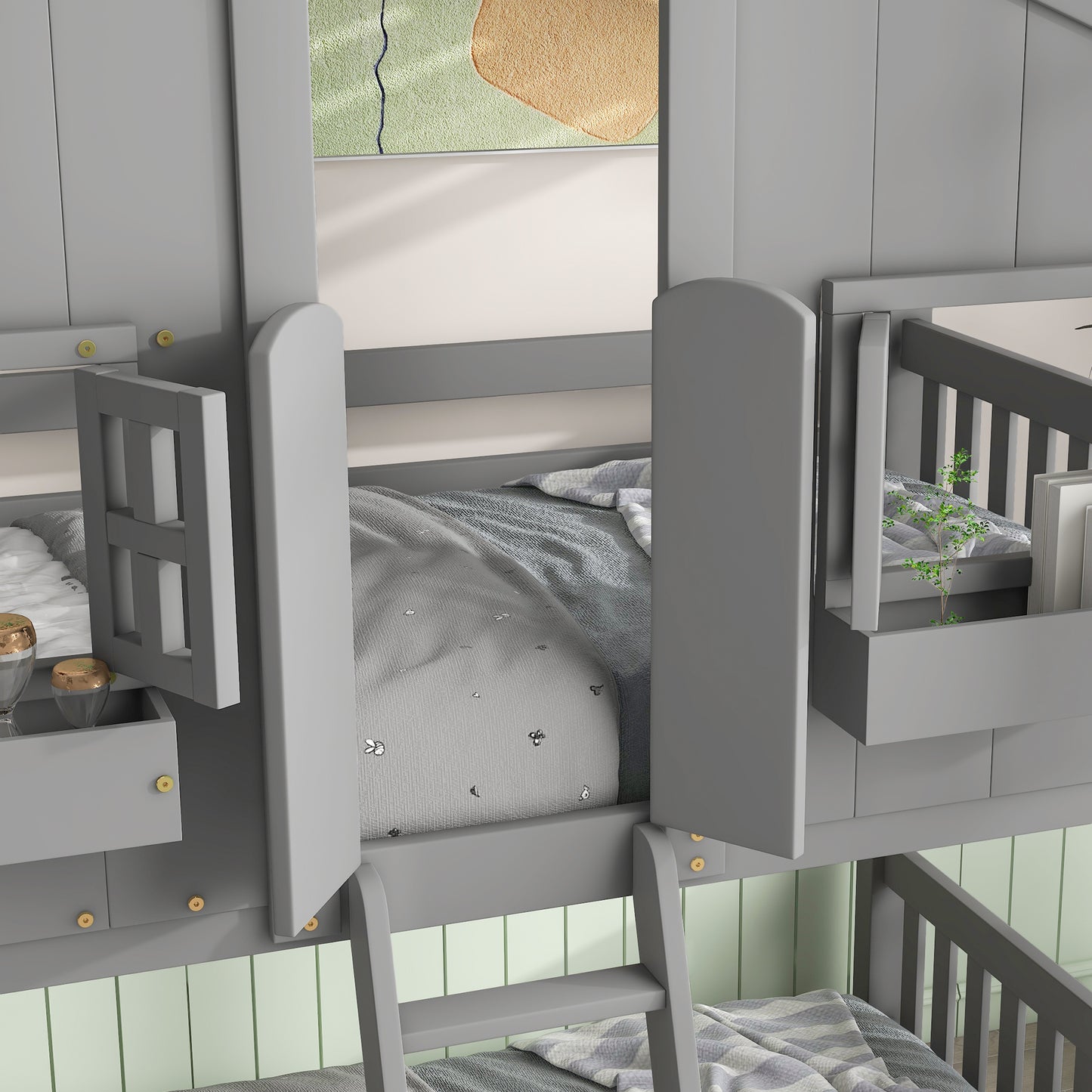 Imaginative Grey Twin House Bunk Bed with Woodland Charm