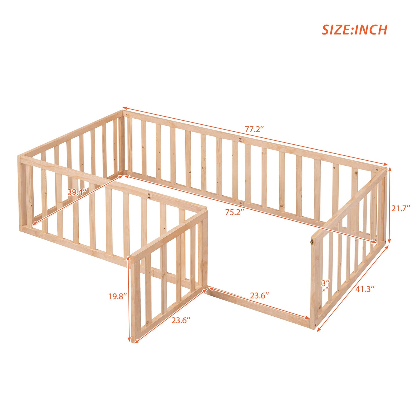 Twin Size Wood Floor Bed Frame with Fence and Door, Natural( :WF289661AAM)