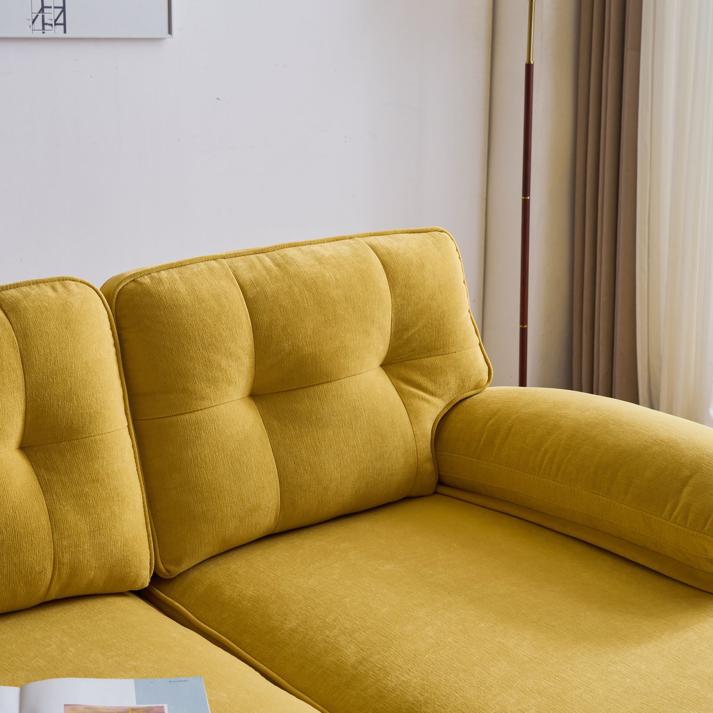 Modern Yellow Velvet L-Shaped Sectional Sofa for Living Room or Bedroom